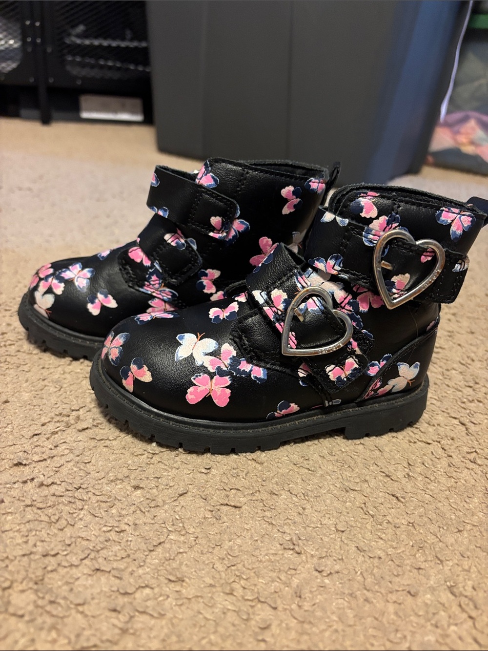 Carter's Black Ankle Boots with Pink Floral Print & Heart Buckles